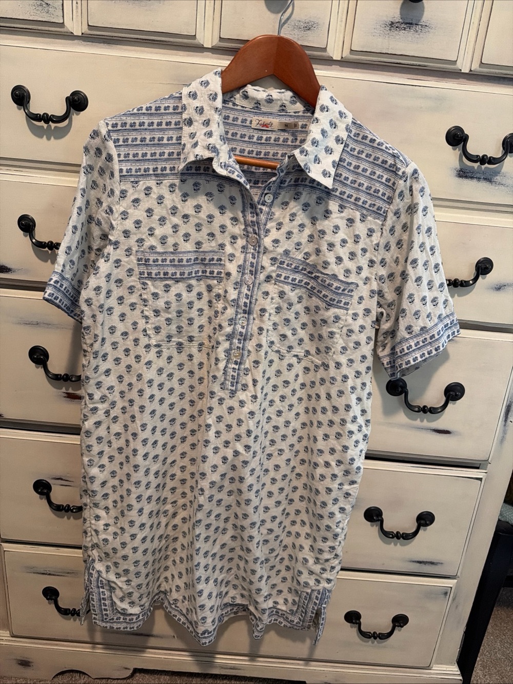 $168 Faherty Rae Linen Blend Dress Blue White Lotus Floral Medium - Picture 3 of 8
